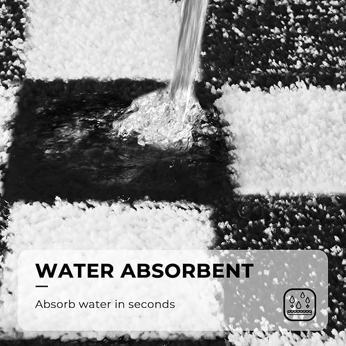 GRANNY SAYS Checkered Black Bathroom Rugs, 48" x 24", Non-Slip Bath Mats for Bathroom, Plush Shag Absorbent Microfiber Ultra Soft Bath Mat, Cute Washable Rug for Tub, Shower, Bedroom