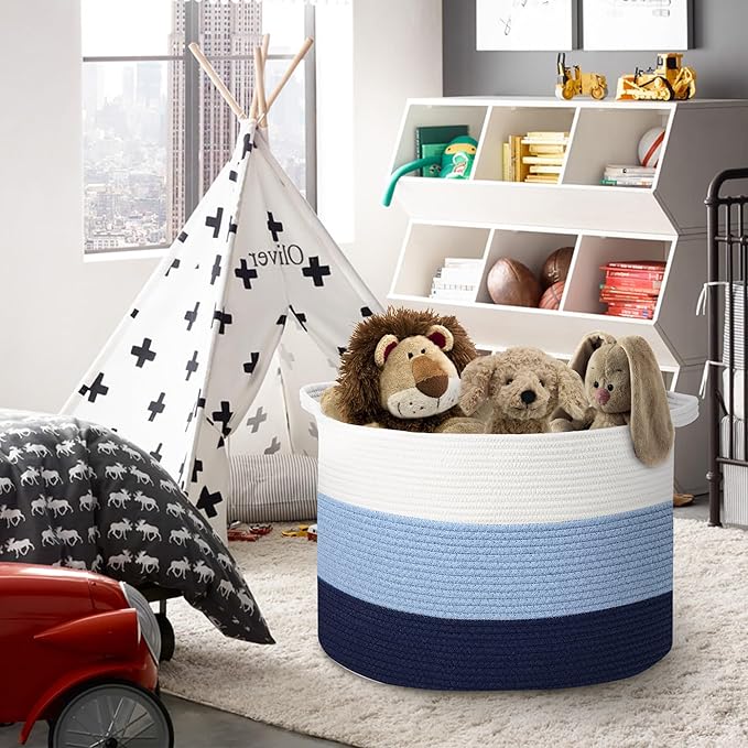 Large Kids Toy Basket, 22" x 14" Soft Woven Cotton Rope Basket, Toy Storage Bin for Kids, Big Baby Nursery Organization, Floor Stuffed Animal Storage, Blanket Pillow Holder for Living Room
