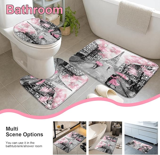 4Pcs Paris Cherry Blossom Shower Curtain Set, Black and Pink Eiffel Tower Bathroom Set with Shower Curtain, Romantic Cityscape Bath Decor for Women, Girly Bathroom Accessories