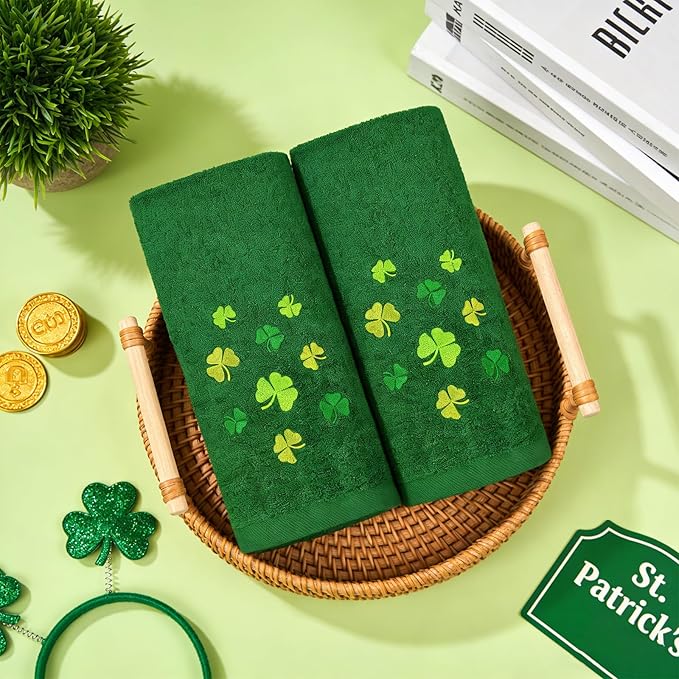 2Pcs Green St. Patrick's Day Hand Towels St Patricks Day Kitchen Towels Cotton Embroidered Irish Shamrock Bathroom Towel Clover for Holiday Spring Decoration
