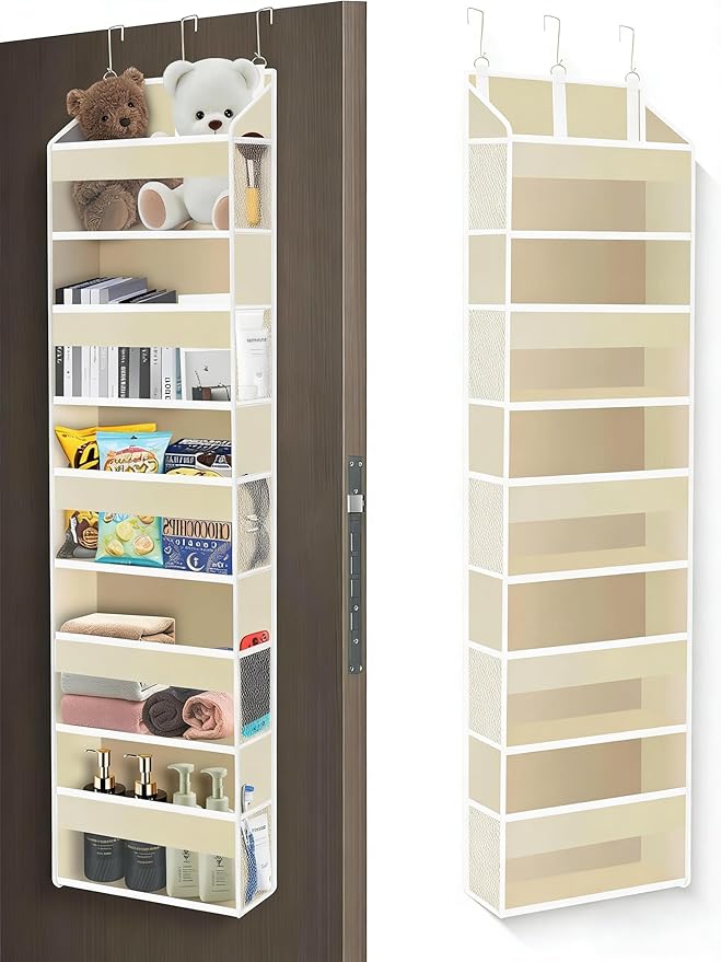 Over The Door Organizer Closet,5 Bins 10 Side Pockets,Hanging Organizer,Anti Tilt 44 lbs Load Door Organizers and Storage with Clear Window for Bedroom,Nursery,Rv,Bathroom,Camper(Beige)