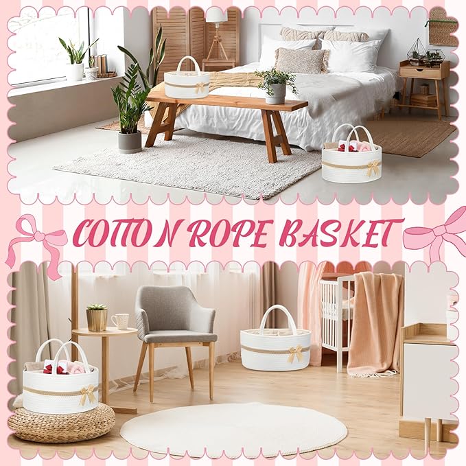 Yinkin 1 Pcs Valentine's Day Woven Large Storage Basket with Handles and Removable Divider Gift Baskets with Bow for Closet Bedroom Nursery Toys Organizing, 14.17 x 8.66 x 7.09 Inches(White and Brown)