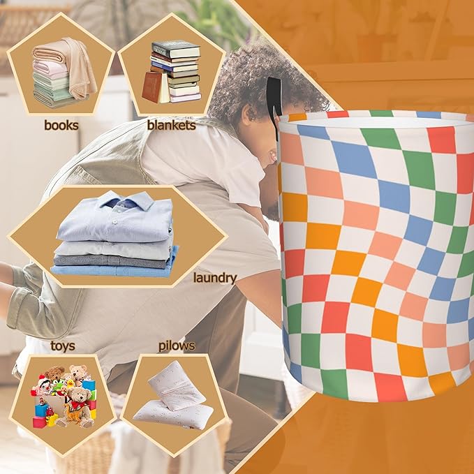 Checkered Laundry Basket,Colorful Retro Wavy Foldable Laundry Hamper Waterproof Oxford Cloth Tote Bag,Clothes Storage Bucket Decorative Toy Organizer For Bathroom Bedroom 16" x 20"