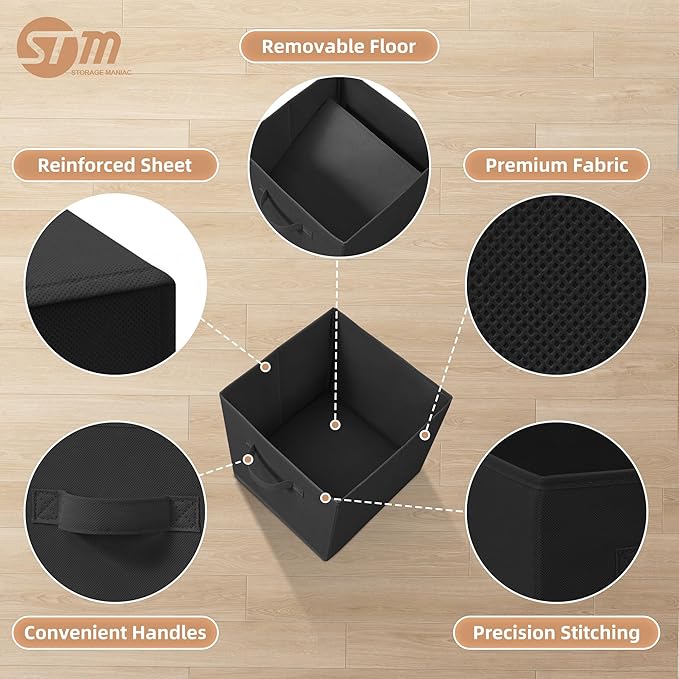 STORAGE MANIAC Storage Cubes, 11 Inch Durable 6 Pack Fabric Foldable Collapsible Bins with Handles for Organization, Closet, Shelves, Offices, Toys, Black