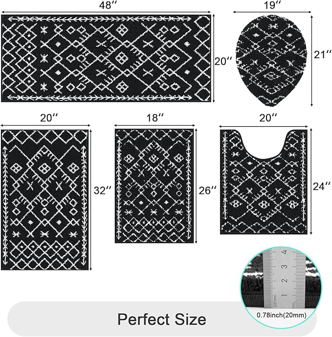 HEBE Bathroom Rugs Sets 5 Piece, Soft Absorbent Microfiber Bath Mat for Bathroom, Non Slip Washable Bath Rug Set with Toilet Cover, Bath Runner and U-Shaped Contour Toilet Rug, Black