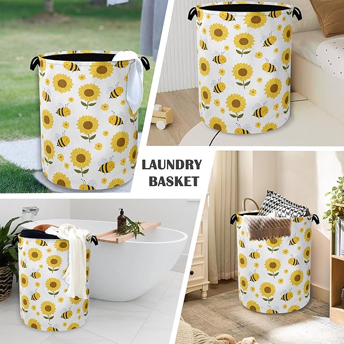 Cute Bee Laundry Basket,SunFlower Foldable with Handles Tote Bag Oxford Cloth for Bathroom Bedroom Dirty Clothes Storage Bucket 16" x 20.8"
