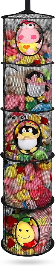 Hanging Net for Stuffed Animals, Foldable Storage Organizer 5 Compartments Toy Storage Organizer for Kid Room Toys, Gloves,Hats,Socks Storage（Black）