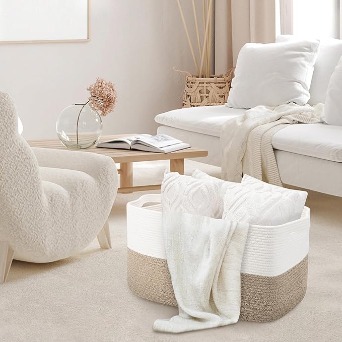 Extra Large Blanket Basket, 22" x 17" x 12" Rectangle Blanket Storage for Living Room, Soft Kids Dog Toy Basket Bin, Cotton Rope Baskets for Storage, Woven Throw Pillow Organizer Holder