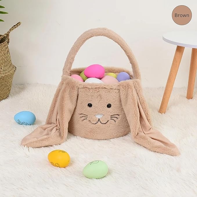 Personalized Easter bunny basket, Plush Embroidered Easter basket, Bunny Basket with Name,Easter egg hunt basket,Custom Easter Bucket (Brown)