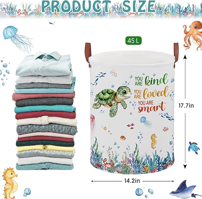 Turtle Kid Laundry Basket 45L,Ocean Themed Bedroom Decor Baby Clothes Hamper,Fish Under The Sea Nursery Decor Beach Pool Towel Storage Bin Pool Toy Box (Blue)