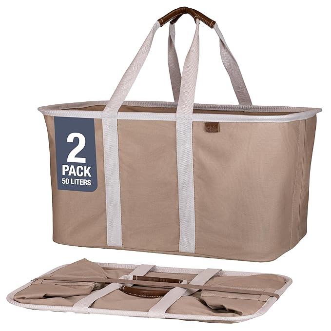 CleverMade Collapsible Laundry Tote 2-Pack (50L) – Foldable Carry-All Storage Bin for Laundry, Car Trunk, RV, Dorm & Home Organization – LUXE Cotton Blend with Vegan Leather Accents, Mocha