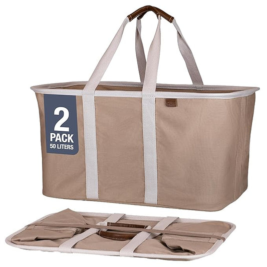CleverMade Collapsible Laundry Tote 2-Pack (50L) – Foldable Carry-All Storage Bin for Laundry, Car Trunk, RV, Dorm & Home Organization – LUXE Cotton Blend with Vegan Leather Accents, Mocha