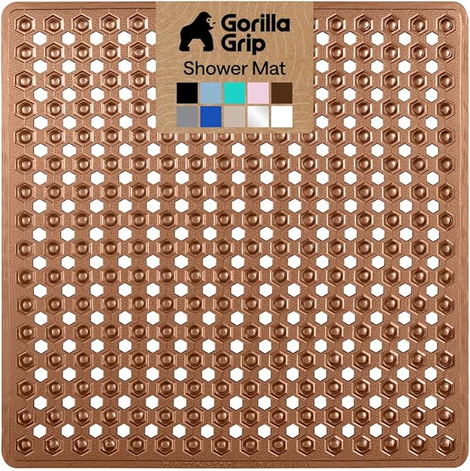 GORILLA GRIP Patented Square Shower Stall Mat, Small Bathtub Floor Mats for Stand Up Showers with Suction Cups and Drainage Holes, Machine Wash, Soft on Feet, Bathroom Accessories 21x21 Inch, Brown