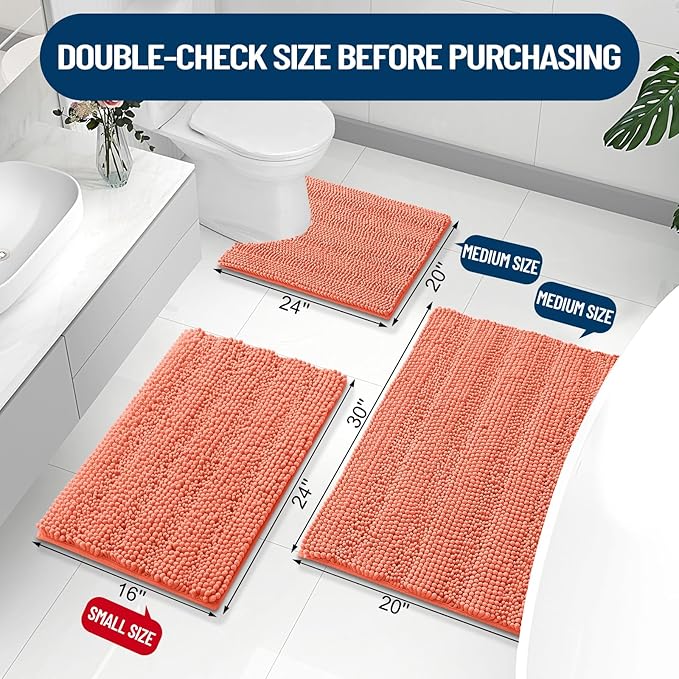 Grandaily Chenille Striped Bathroom Rugs 30x20, Extra Thick and Absorbent Bath Mats, Non-Slip Soft Plush Shaggy Shower Carpet, Machine Wash Dry, Bath Rug for Bathroom, (Medium, Coral Orange)