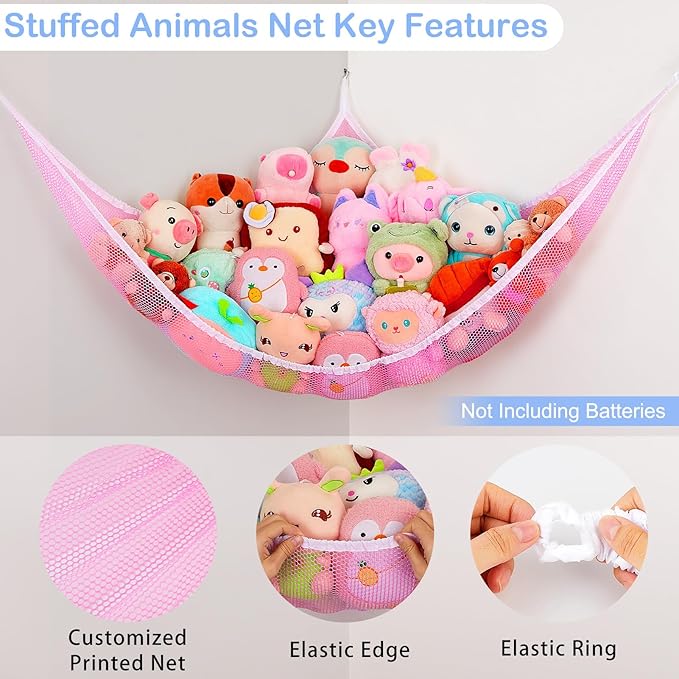 Basumee Stuffed Animals Net or Hammock with LED Light Hanging Toy Net Hammock for Stuffed Animals Storage Stuff Animals Hammocks for Nursery Room with Remote Control, 8 Kinds of Lights(Pack of 1)