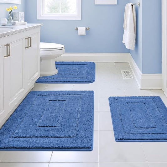 GRANNY SAYS Bathroom Rugs Sets 3 Piece, Soft Absorbent Microfiber Bath Mats for Bathroom Non Slip Washable, U-Shaped Toilet Bath Rugs for Tub Shower (Blue, 16" x 24" + 20" x 32" + U Shaped 20" x 24")