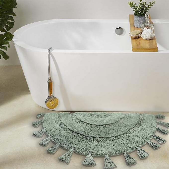 Half Circle Boho Bathroom Rugs with Tassels for Bohemian Bedroom Soft Half Circle Rug Handcrafted Crochet Cotton Non Slip Absorbent Washable Rug Cute Bath Mats for Boho Bathroom Decor 32"x20"