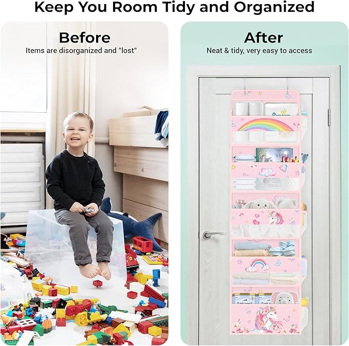 Clastyle Rainbow Unicorn Girl Over The Door Organizer Storage Pink Heart Star 5 Shelves Closet Nursery Hanging Shelves Clothes Diaper Stuffed Animal Toy Storage for Newborn Baby Essential