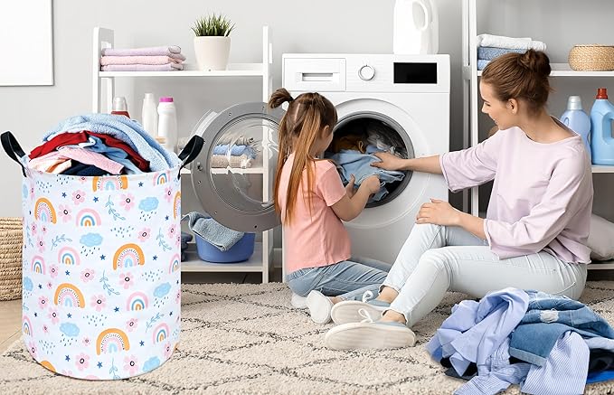 Rainbow Print Round Laundry Hamper Storage Basket Bins Clothes Nursery Hamper for Home, Gift Storage Bins with Handles