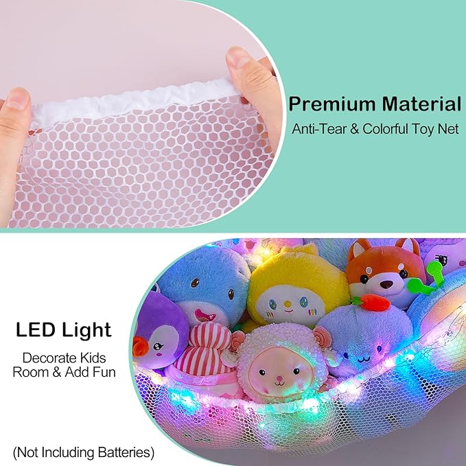 Unicorn Castle Stuffed Animals Net or Hammock Kids Toy Storage Organizer with LED Light Hanging Corner Stuffed Animals Holder Kids Girls Room Decor,White,Large (Pack of 2)