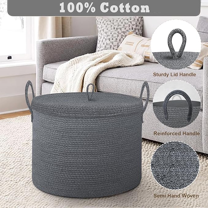 21" x 18" Extra Large storage baskets,Decorative blanket basket with lid for Living room,rope baskets with lid,wicker hamper for bedroom,Big,Round,Dark Grey