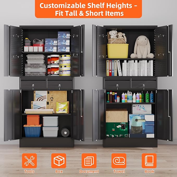 Aobabo 71" H×30" W×15" D Metal Storage Cabinet with 2 Drawers, Locking Steel Storage Cabinet with 2 Adjustable Shelves and 8 Hooks for Garage, Office, Black, Assembly Required
