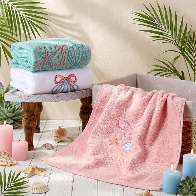 3 Pack Seashell Bow Coastal Hand Towels for Bathroom 100% Cotton Embroidered Beach Bathroom Towels 13.78 x 29.53 Inch Soft Absorbent, Green Pink White