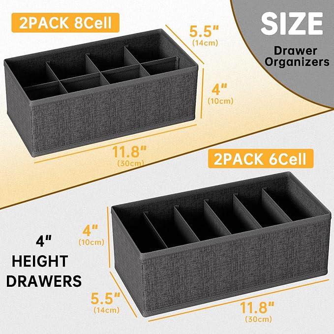 4 PACK Sock Underwear Drawer Organizer Dividers, Collapsible Cabinet Closet Storage Boxes for Clothes, Socks, Lingerie, Underwear, Tie, Belt,Bedroomedroom