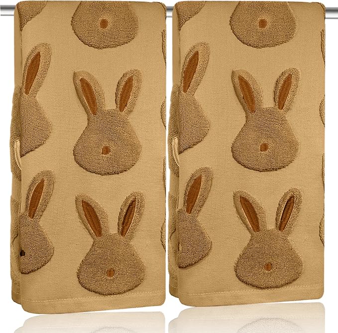 2pcs Easter Bunny Hand Towels Set 100% Cotton Soft Absorbent Spring Bathroom Hand Towels 14x29 Inch Cute Jacquard Easter Kitchen Decor Towels Holiday Kitchen Bathroom Decor Gift(Brown)