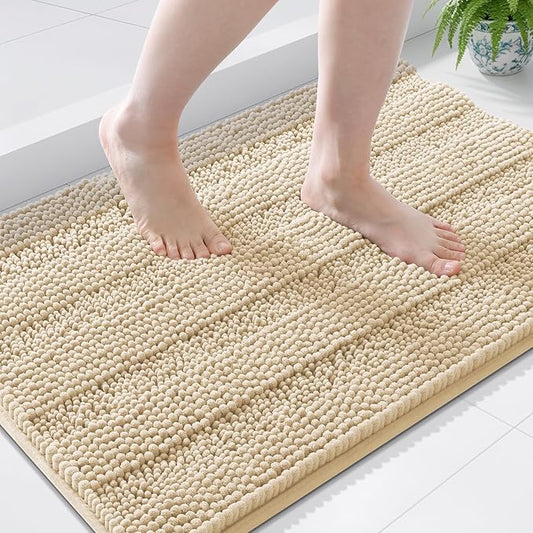 Grandaily Chenille Striped Bathroom Rugs 44x24, Extra Thick and Soft Absorbent Bath Mats, Rubber Backing, Plush Shaggy Shower Carpet, Machine Wash Dry, Bath Rug for Bathroom, Light Beige