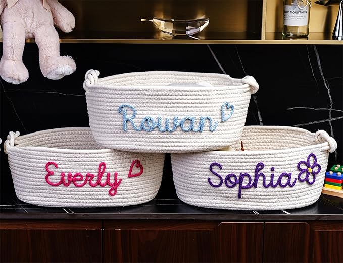 JUPPE Custom Baby Shower Basket, Personzlized Basket with Baby Name, Baby Boy Girl Storage Organizer Cotton Rope Nursery Decor Newborn Gift (style 1) (Style 4)