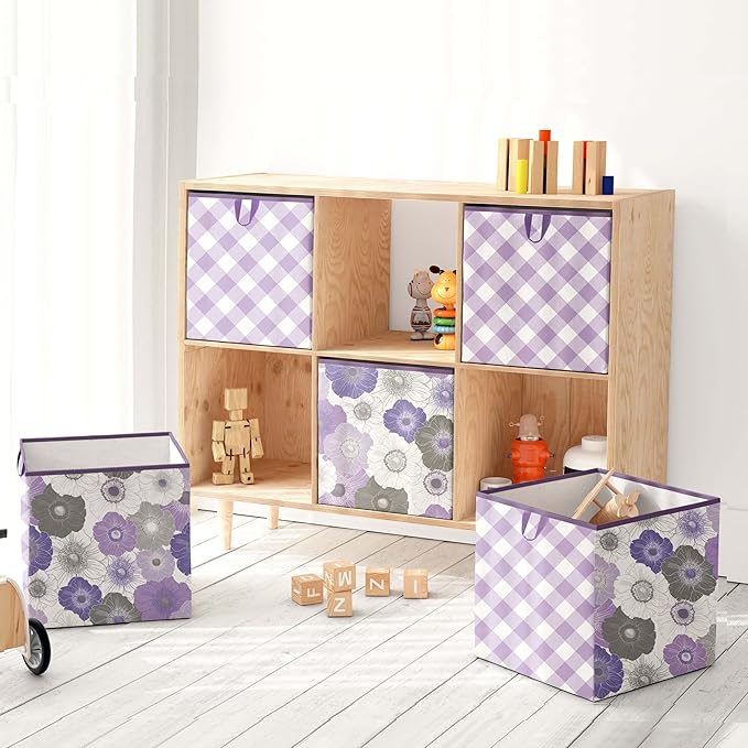 Bacati - Large Storage Tote Watercolor Flowers Purple/Gray 14 x 14 x10 inches