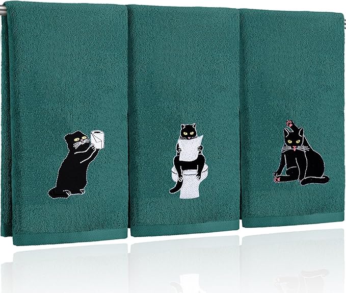 3 Pcs Cat Hand Towels for Bathroom Decor Funny Embroidered Black Cat Halloween Decorative Dark Green Bath Dish Towels for Bathroom Kitchen Decor, 100% Cotton, 13.3 x 29.5''