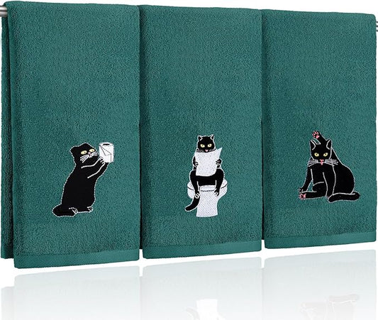 3 Pcs Cat Hand Towels for Bathroom Decor Funny Embroidered Black Cat Halloween Decorative Dark Green Bath Dish Towels for Bathroom Kitchen Decor, 100% Cotton, 13.3 x 29.5''