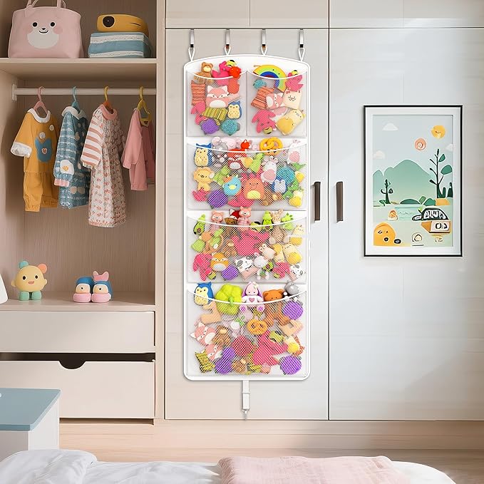 Stuffed Animal Storage Hammock – Over the Door Hanging Toy Organizer & Plush Toy Holder with Metal Hooks & Support Bars, Capacity Mesh Net for Easy Access, Kids Room, Playroom/Nursery, White