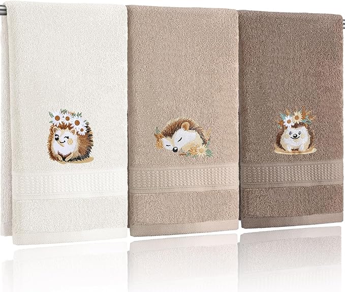 3 Pcs Hedgehog Floral Hand Towels Bathroom Decor Cute Hedgehog Gifts Decorative Farmhouse 100% Cotton Embroidered Hand Towels for Women Bathroom Kitchen 13. 3'' x 29. 5''