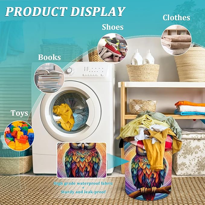 Owl Laundry Basket, Foldable Waterproof Oxford Cloth Mandala Laundry Hamper Funny Tote Bag Dirty Clothes Storage Bucket Toy Organizer for Bathroom/Laundry/Bedroom 15.7"x19.6"