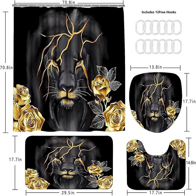 4 Piece Black and Gold Shower Curtain Set with Rugs, Majestic Lion & Golden Rose Art, Luxury Aesthetic Waterproof Fabric Bathroom Decor, Non-Slip Mats & Toilet Lid Cover