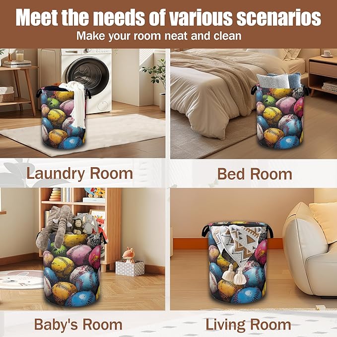 Colorful Baseball Laundry Hamper,Laundry Baskets,Waterproof Oxford Cloth Toy Storage for Bedroom,Bathroom,Nursery,16x20.8 Inch