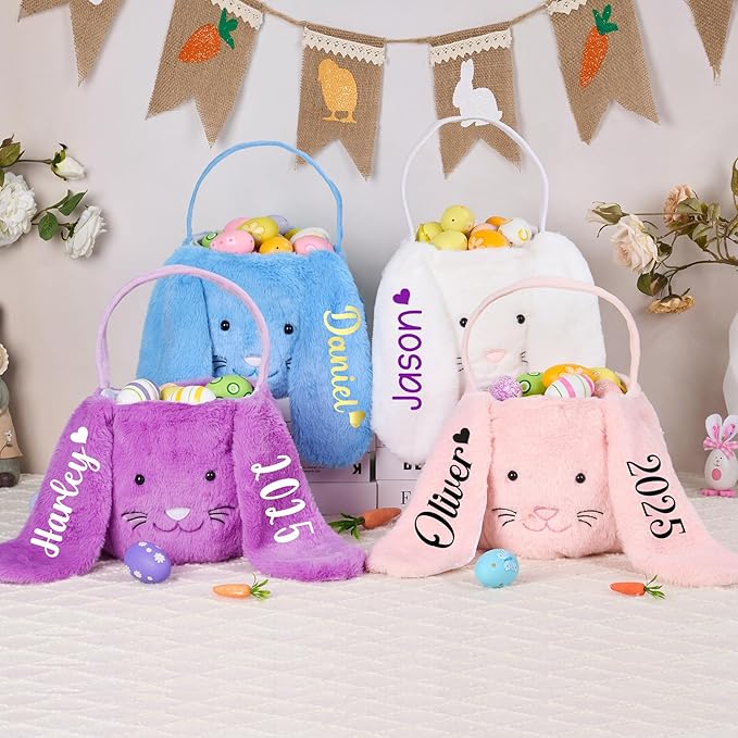 Mostop Personalized Easter Basket, Seersucker Egg Hunt Basket Bags for Easter Gifts