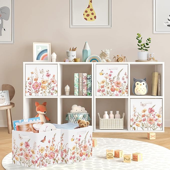 11.8" Wild Flower Storage Cube Organizer Set 3Pcs Clothes Storage Basket Bin for Closet Shelf Garden Butterfly Nursery Kid Room Book Toy Chest, Wildplants