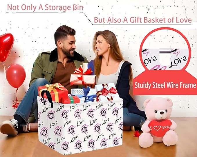 Large Valentine's Day Basket Heart Shaped Storage Bin for Gifts Collapsible Organizer Room Decor (Purple Wave Black Love)
