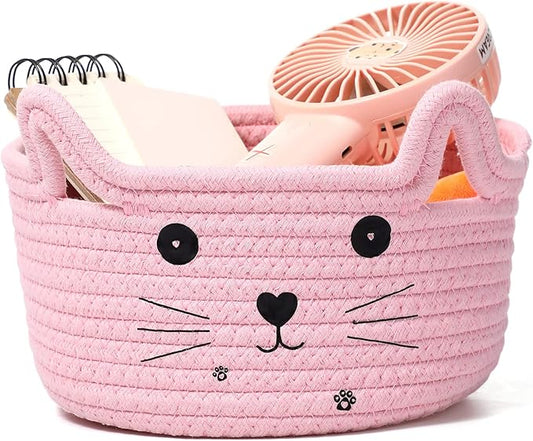 Zopeal Cat Basket Storage Woven Organizer with Ears Christmas Decorative Pet Toy Cute Cotton Rope Basket for Gift Cat Dog Toy Bin Nursery Room(8.3 x 4.7 Inch,Pink)
