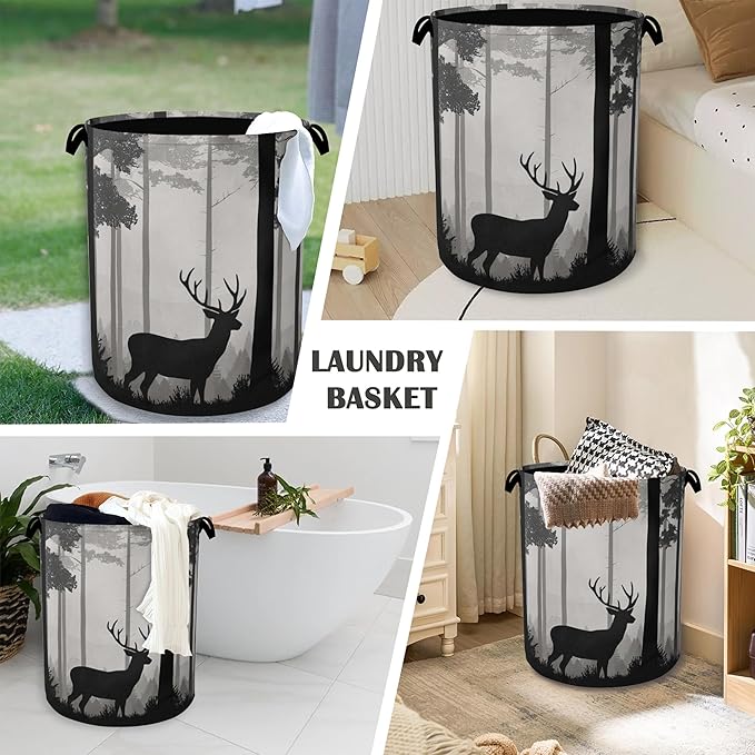 Deer Laundry Basket,Forest Foldable with Handles Tote Bag Oxford Cloth for Bathroom Bedroom Dirty Clothes Storage Bucket 16" x 20.8"