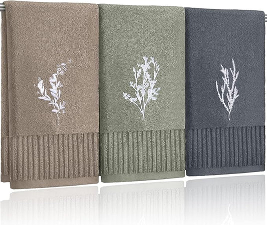 3 Pcs Boho Botanical Hand Towels Bathroom Decor Retro Embroidered Minimalist Nature Floral Boho Decorative Towels for Bathroom Kitchen Decor, 100% Cotton, 13.3 x 29.5''