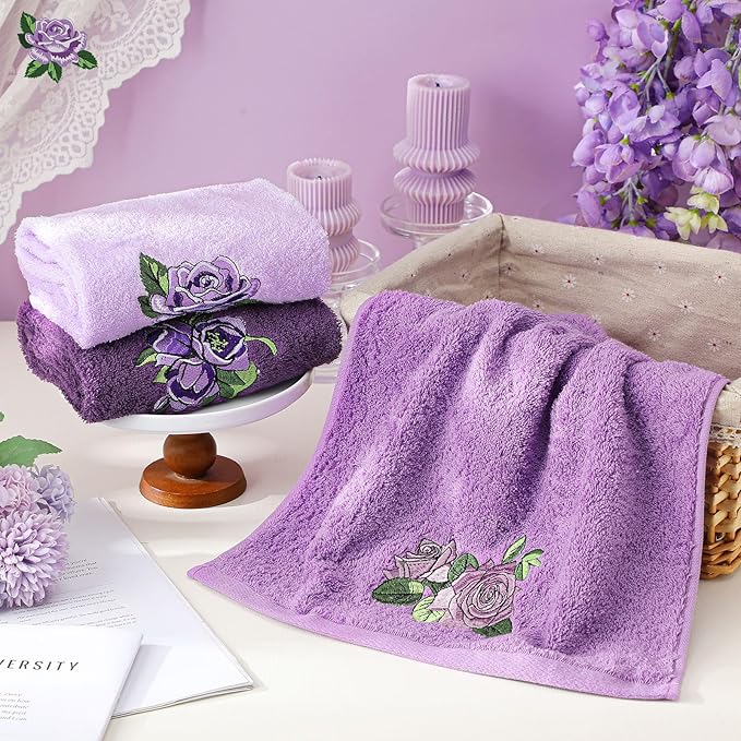 3 Pcs Purple Rose Hand Towels Lavender Purple Bathroom Decor Embroidered Floral Farmhouse Decorative Towels for Bathroom Kitchen Decor, 100% Cotton, 13. 3 x 29. 5''