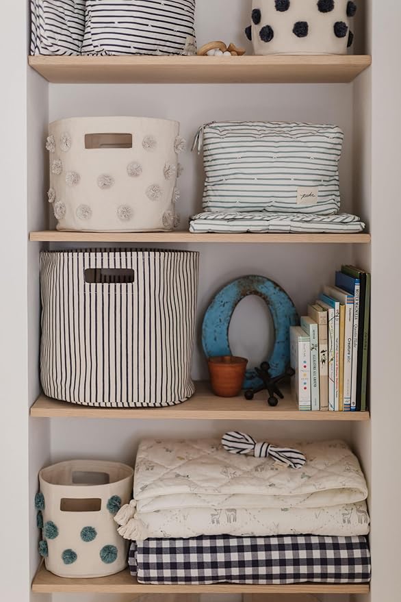 Pehr Pom Pom Trio Bundle, Grey | Bin, Pint & Mini | 100% Cotton Canvas, Handmade Decorative Organizers | Stylish Nursery & Playroom Storage, Durable & Functional