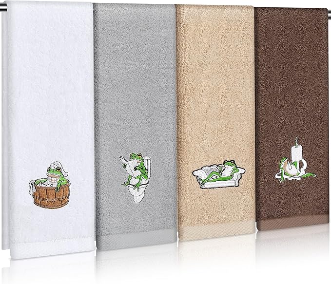4 Pcs Frog Bathroom Towels Set Soft Cotton Hand Towels Embroidered Frog Design Washcloths for Bathroom and Kitchen Fun Decorative for Housewarming Gift Bath Face