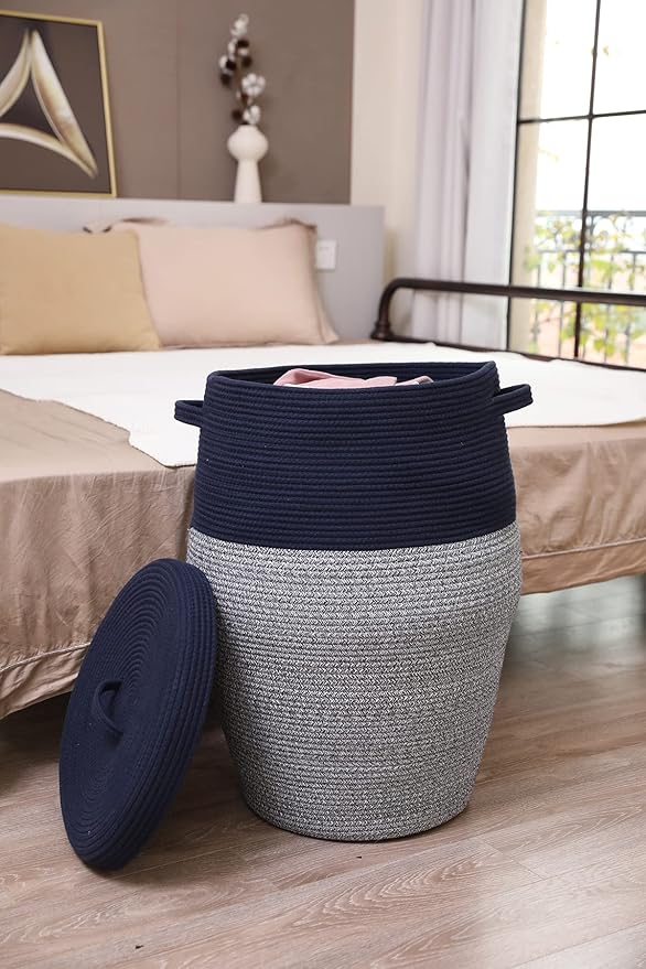 26"x20" Handcrafted Tall Cotton Rope Basket with Lid, Stylish Flagon Shape with Cover, Clothes Hamper with Top, for Bedroom and Living Room, Dark Blue Mix