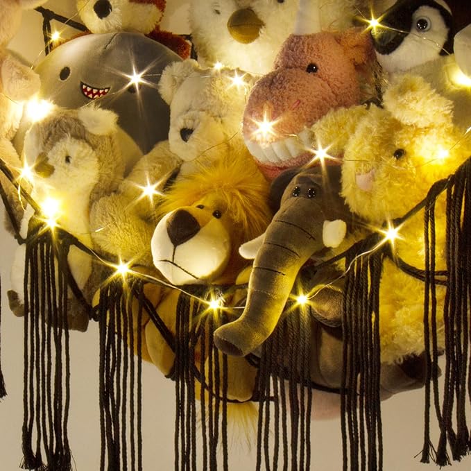 Macrame Stuffed Animal Hammock Corner with LED Light - Black Toy Storage Hammock Plushie Net Organizer Display - Teddy Bear Stuffy Hammocks - Boy Bedroom Decor Cool